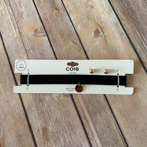 Core Women's Black Choker Necklace & Earrings Faux Suede Goldtone Circle Charm